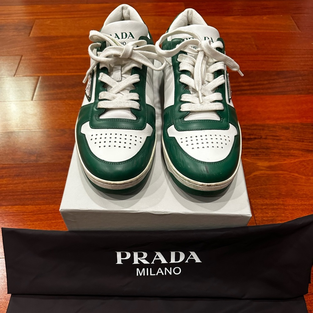 Prada Downtown Green and White Leather Sneakers